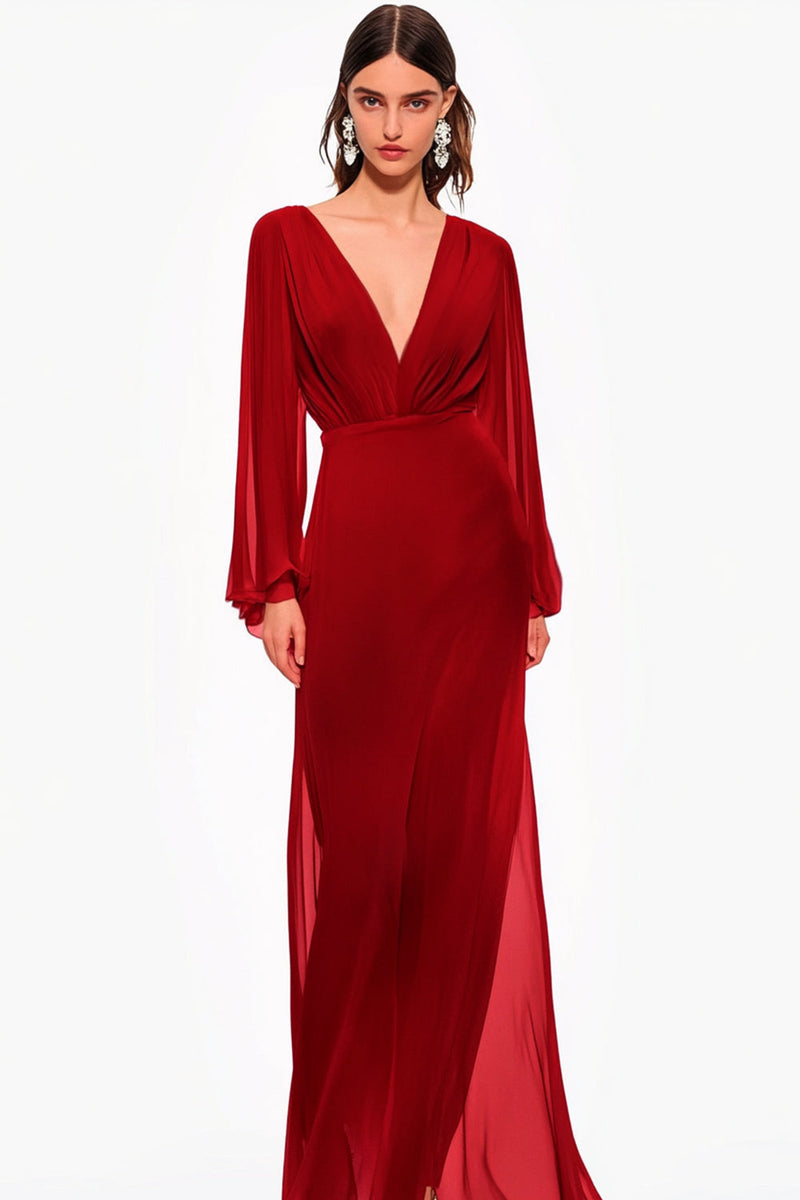 Load image into Gallery viewer, Red V-Neck Chiffon Mother Of the Bride Dress with Long Sleeves