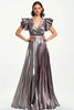 Load image into Gallery viewer, Taro Purple Pleated Metallic Satin Short Ruffle Sleeves Formal Dress