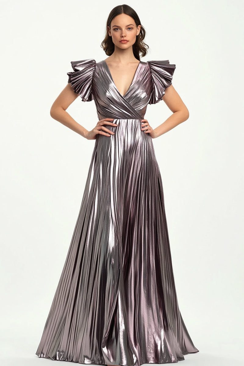 Load image into Gallery viewer, Taro Purple Pleated Metallic Satin Short Ruffle Sleeves Formal Dress