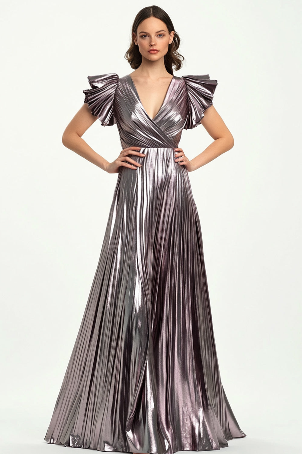 Taro Purple Pleated Metallic Satin Short Ruffle Sleeves Formal Dress