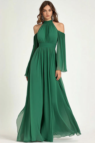 Green A Line Cold Shoulder Halter Long Mother Of the Bride Dress