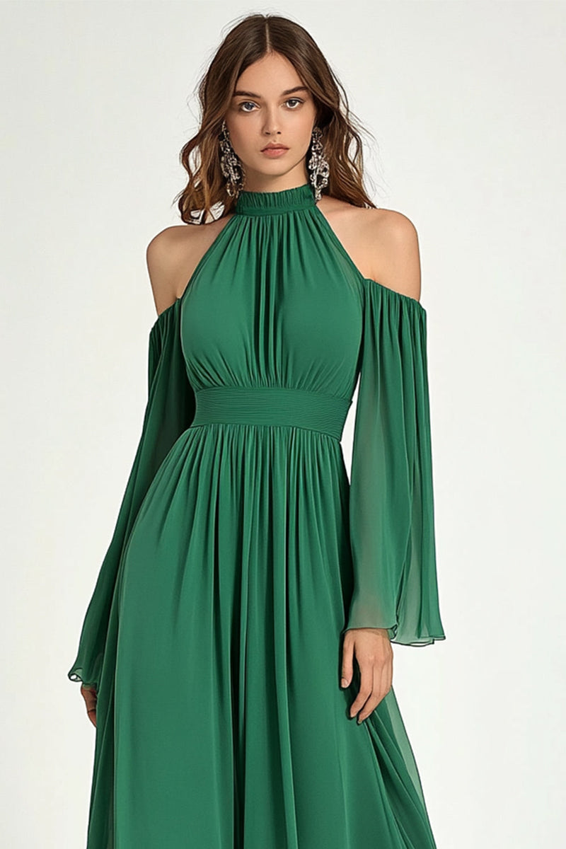 Load image into Gallery viewer, Green A Line Cold Shoulder Halter Long Mother Of the Bride Dress