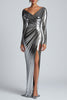 Load image into Gallery viewer, Silver Metallic Satin Ruched Sheath Formal Dress with Slit