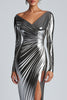 Load image into Gallery viewer, Silver Metallic Satin Ruched Sheath Formal Dress with Slit