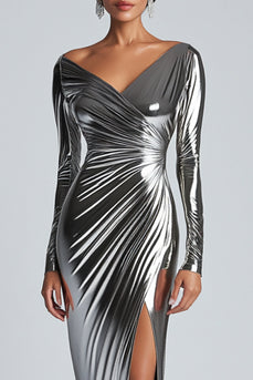 Silver Metallic Satin Ruched Sheath Formal Dress with Slit