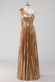 Golden One Shoulder A-Line Metallic Formal Dress