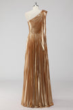 Golden One Shoulder A-Line Metallic Formal Dress