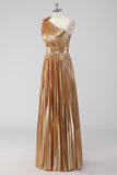 Golden One Shoulder A-Line Metallic Formal Dress