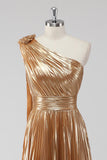 Golden One Shoulder A-Line Metallic Formal Dress
