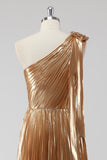 Golden One Shoulder A-Line Metallic Formal Dress