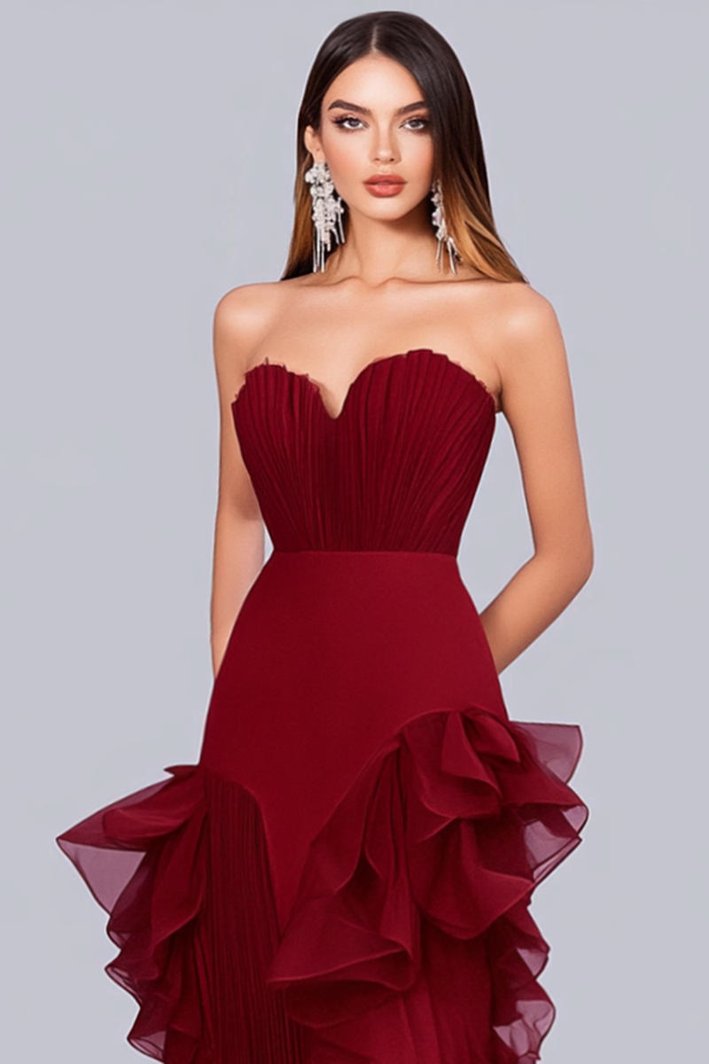 Load image into Gallery viewer, Strapless Burgundy Ruffled Sheath Formal Dress