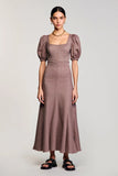 Coffee A Line Square Neck Long Wedding Guest Dress with Puff Sleeves