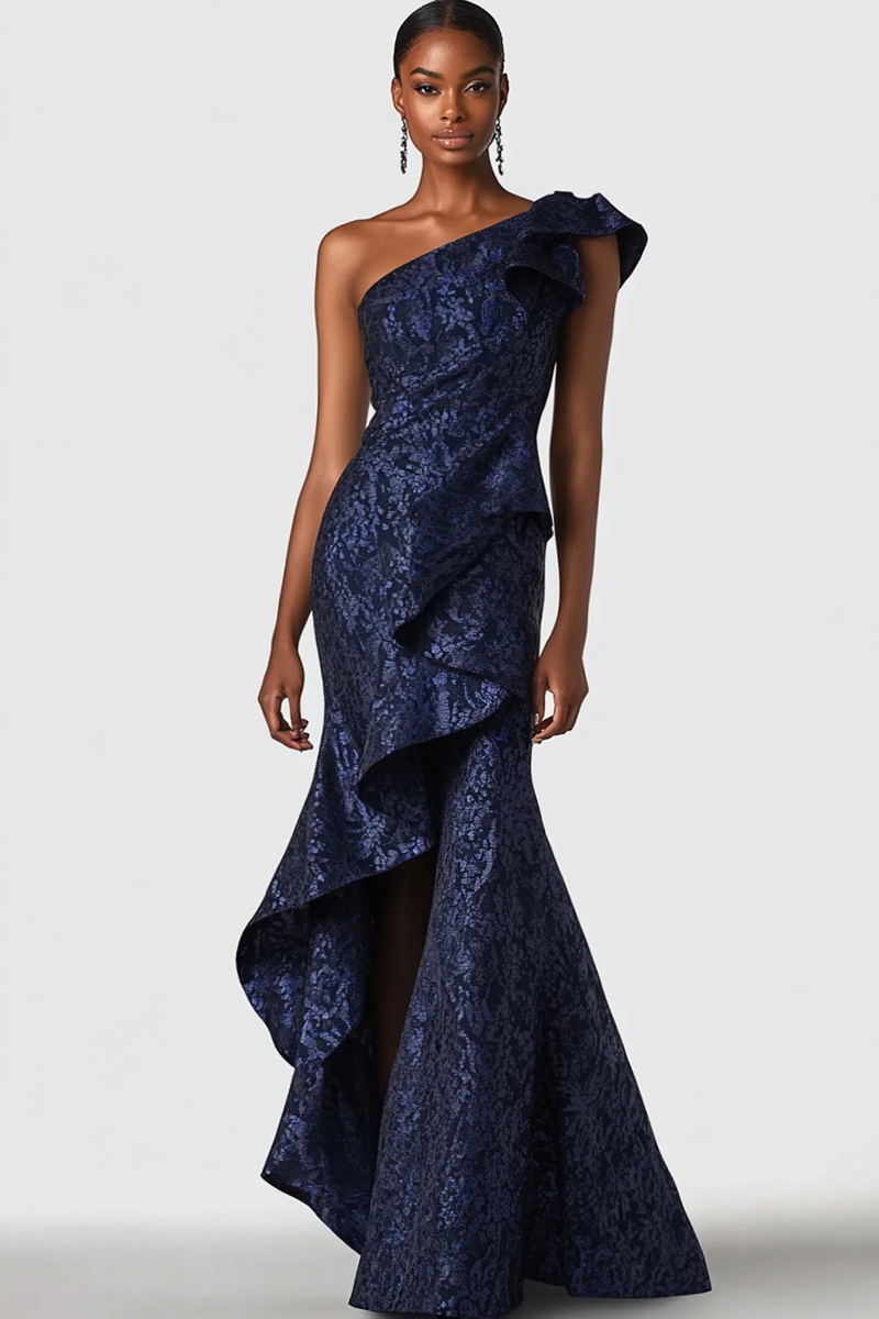 Load image into Gallery viewer, Navy One Shoulder Ruffled Mermaid Formal Dress