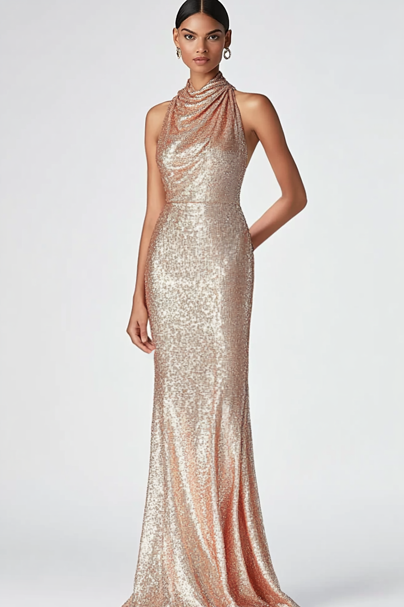 Load image into Gallery viewer, Champagne Halter Mermaid Sequins Formal Dress