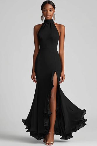 Halter Neck Black Ruffles Mermaid Long Formal Dress with Slit