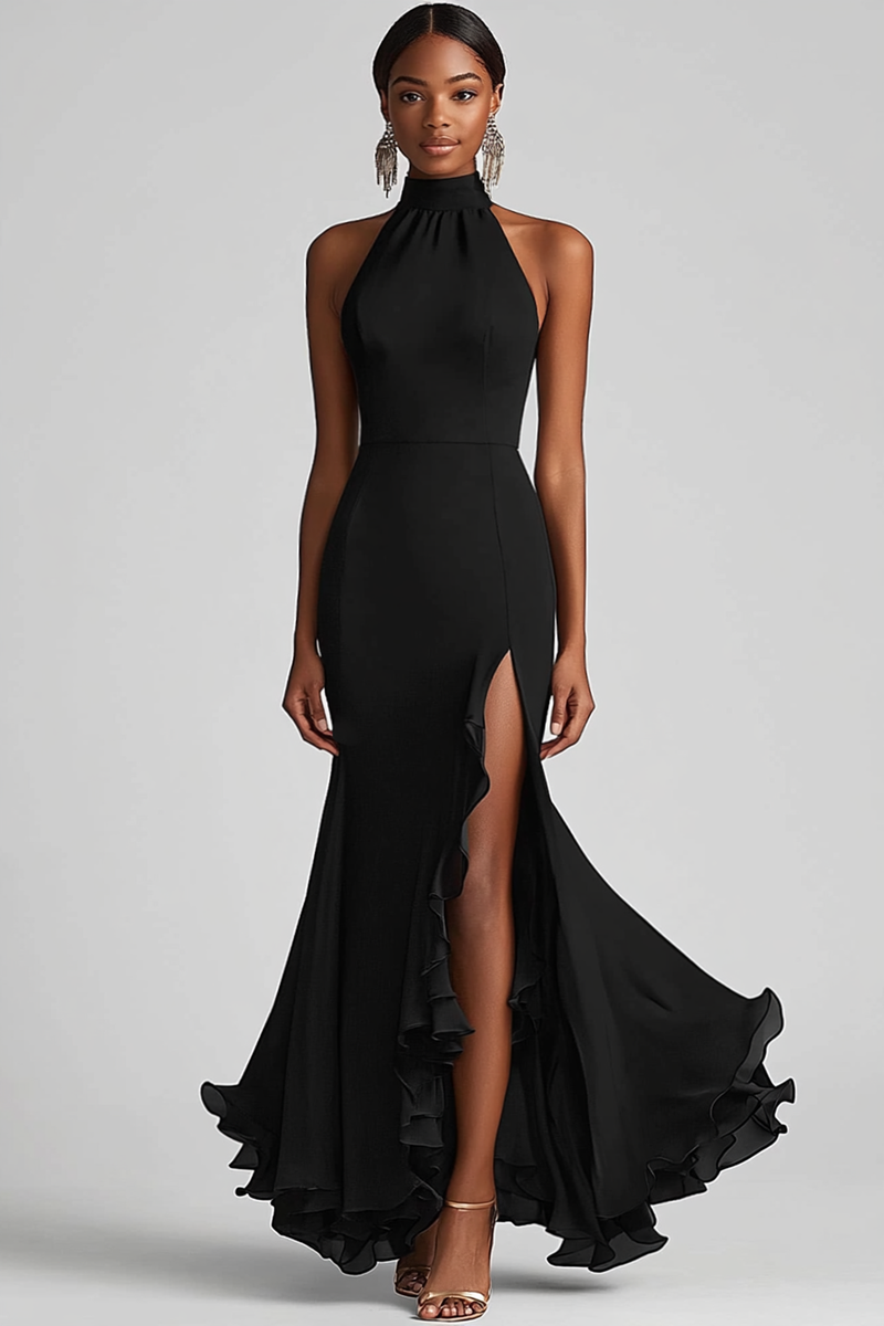 Load image into Gallery viewer, Halter Neck Black Ruffles Mermaid Long Formal Dress with Slit