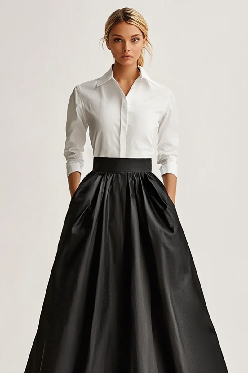 Load image into Gallery viewer, Full Length Black Satin A Line Skirt with Pcokets