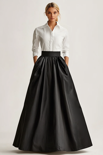 Full Length Black Satin A Line Skirt with Pcokets