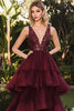 Load image into Gallery viewer, Deep V Neck Burgundy 3 Tiered Layers Floor Length Formal Dress