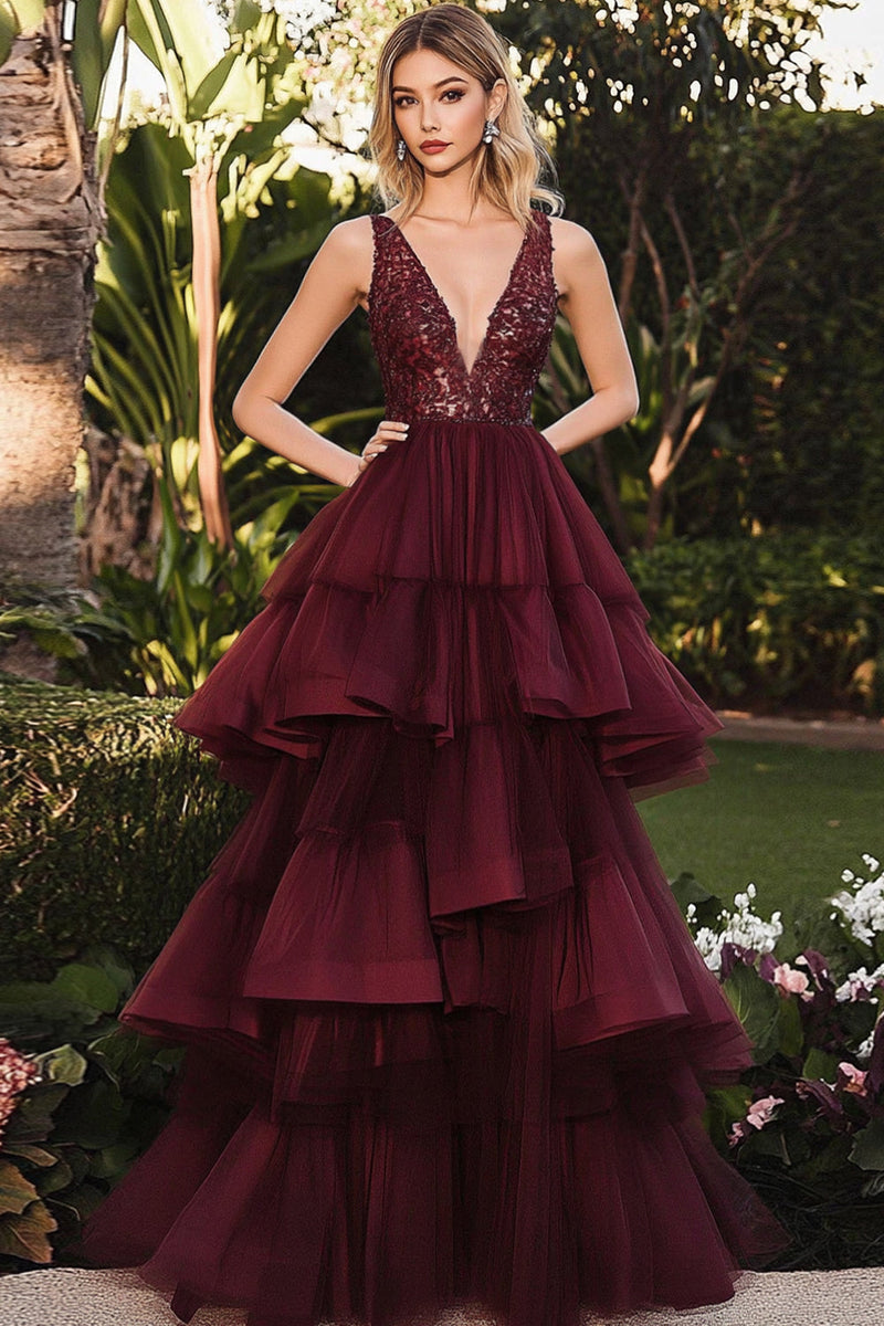 Load image into Gallery viewer, Deep V Neck Burgundy 3 Tiered Layers Floor Length Formal Dress