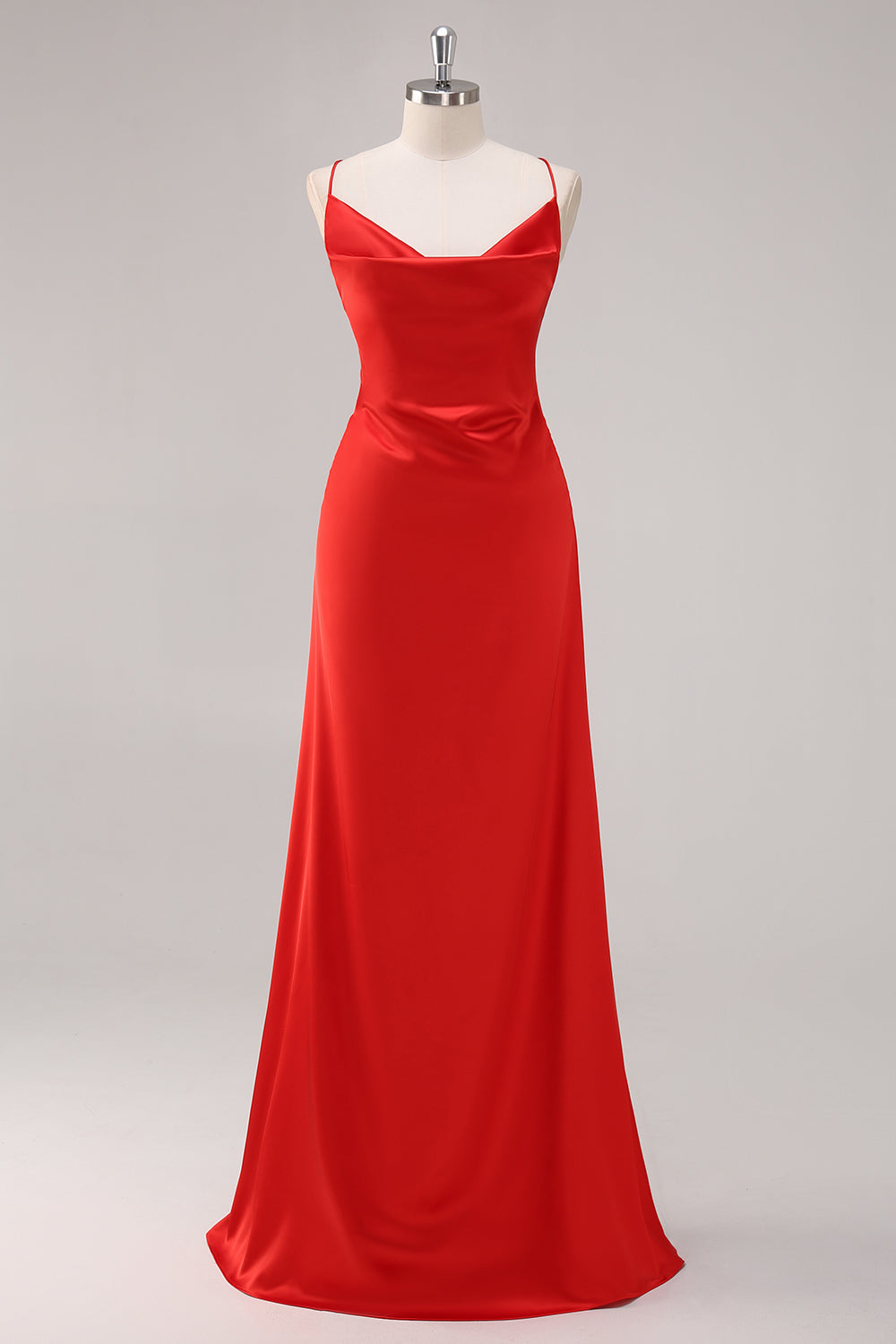 Red Satin Spaghetti Straps Bridesmaid Dress with Lace-up Back