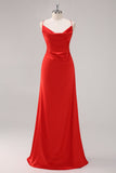 Red Satin Spaghetti Straps Bridesmaid Dress with Lace-up Back