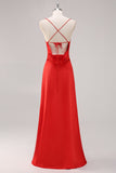 Red Satin Spaghetti Straps Bridesmaid Dress with Lace-up Back