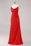 Red Satin Spaghetti Straps Bridesmaid Dress with Lace-up Back