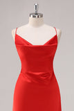 Red Satin Spaghetti Straps Bridesmaid Dress with Lace-up Back