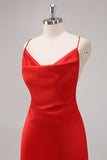 Red Satin Spaghetti Straps Bridesmaid Dress with Lace-up Back