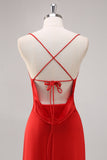 Red Satin Spaghetti Straps Bridesmaid Dress with Lace-up Back