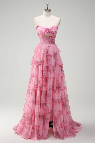 Blush Floral Printed Princess Sweetheart Tiered Long Prom Dress