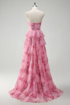 Blush Floral Printed Princess Sweetheart Tiered Long Prom Dress