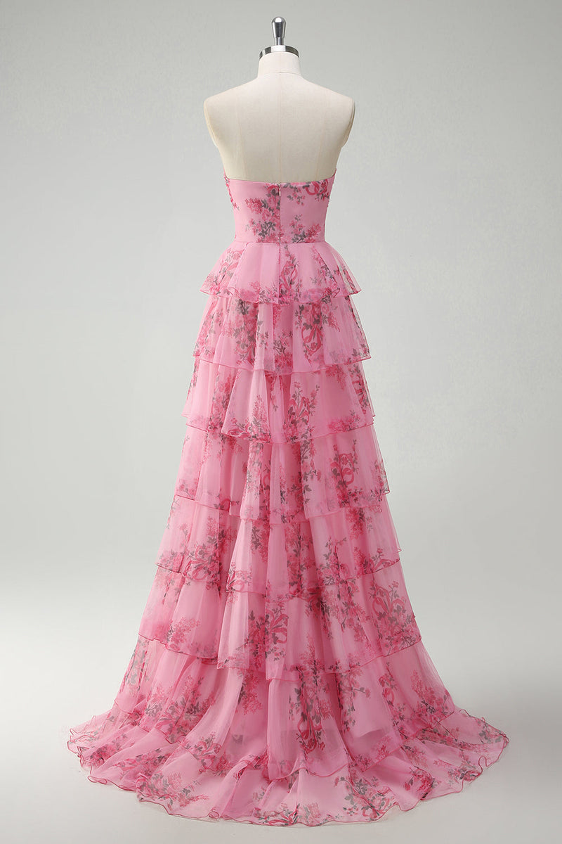 Load image into Gallery viewer, Blush Floral Printed Princess Sweetheart Tiered Long Prom Dress