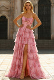 Floral A-Line Strapless Tiered Ruffle Long Blush Prom Dress with Slit
