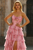 Floral A-Line Strapless Tiered Ruffle Long Blush Prom Dress with Slit