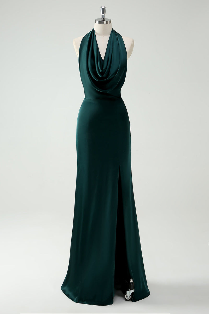 Load image into Gallery viewer, Halter Neck Pine Green Mermaid Long Bridesmaid Dress with Slit