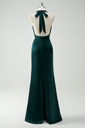 Halter Neck Pine Green Mermaid Long Bridesmaid Dress with Slit