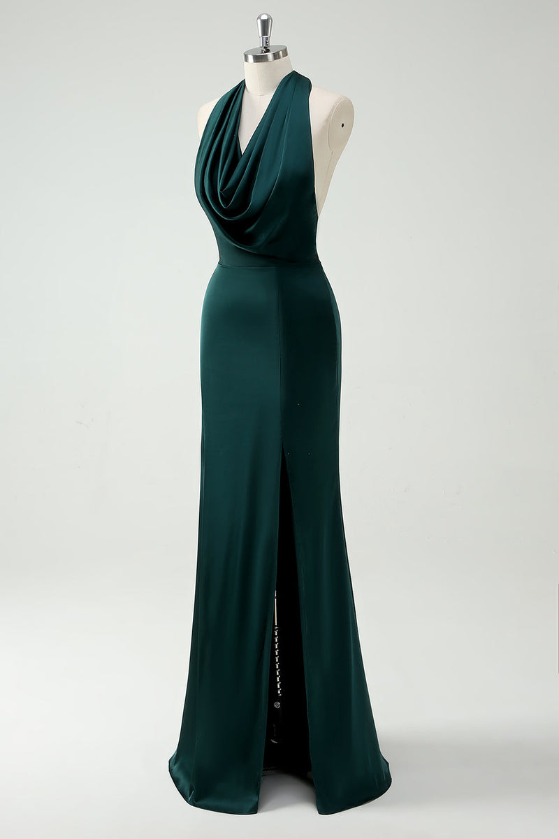 Load image into Gallery viewer, Halter Neck Pine Green Mermaid Long Bridesmaid Dress with Slit