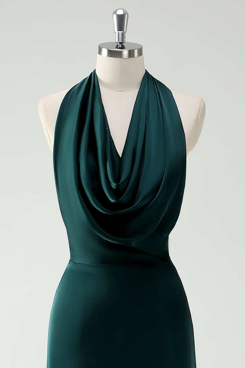 Load image into Gallery viewer, Halter Neck Pine Green Mermaid Long Bridesmaid Dress with Slit