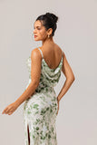 Green Floral Sheath Cowl Neck Bridesmaid Dress with Slit