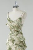 Sage Flower Ruffled Sheath Spaghetti Straps Bridesmaid Dress