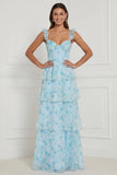 Blue A Line Ruffled Corset Long Floral Dress with Slit