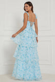 Blue A Line Ruffled Corset Long Floral Dress with Slit