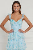 Blue A Line Ruffled Corset Long Floral Dress with Slit