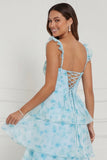 Blue A Line Ruffled Corset Long Floral Dress with Slit