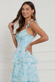 Blue A Line Ruffled Corset Long Floral Dress with Slit