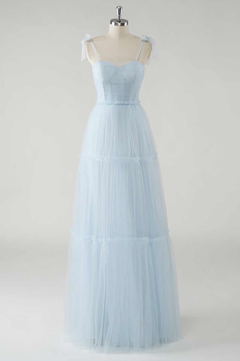 Load image into Gallery viewer, A-Line Bow Tie Straps Sky Blue Tulle Long Bridesmaid Dress