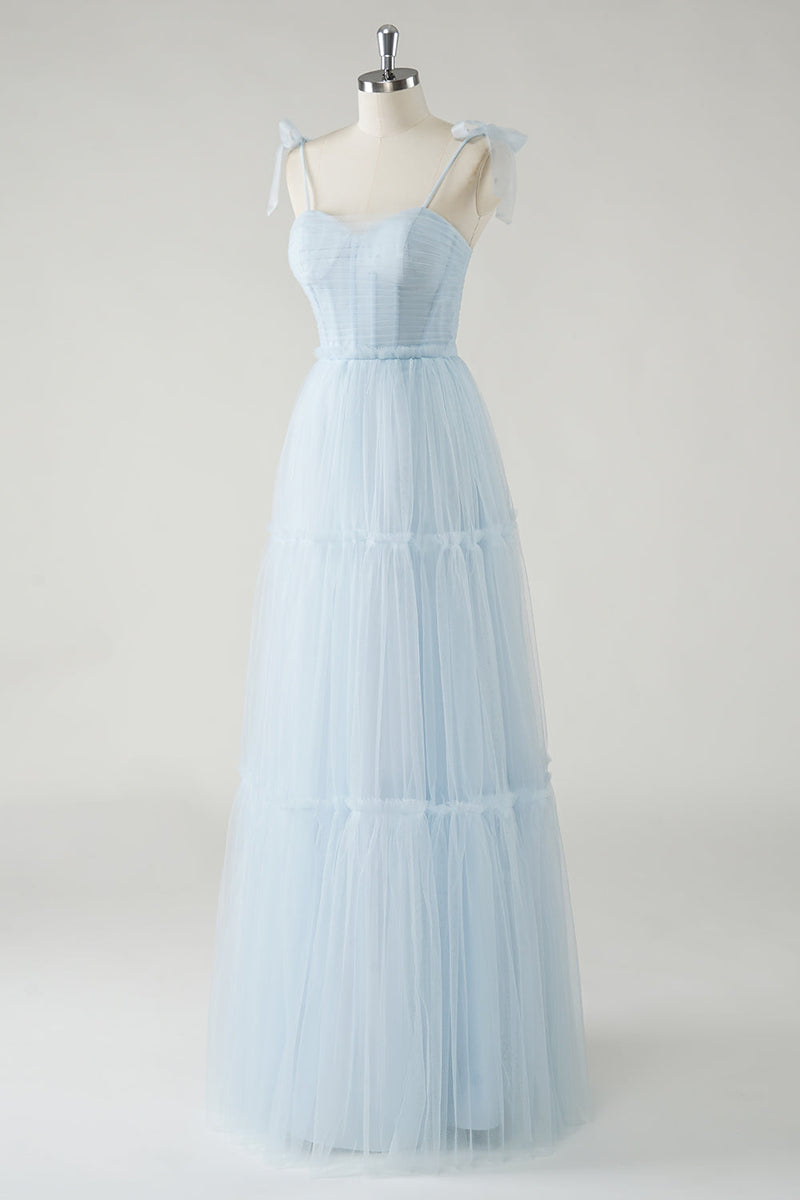 Load image into Gallery viewer, A-Line Bow Tie Straps Sky Blue Tulle Long Bridesmaid Dress