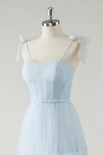 A-Line Bow Tie Straps Sky Blue Tulle Long Bridesmaid Dress